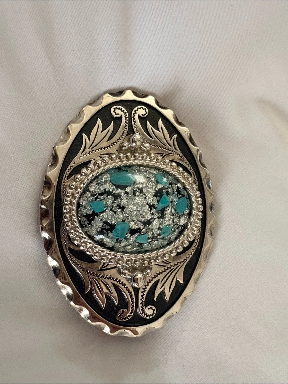 Decorative Turquoise and Silver Oval Accent BELT BUCKLE